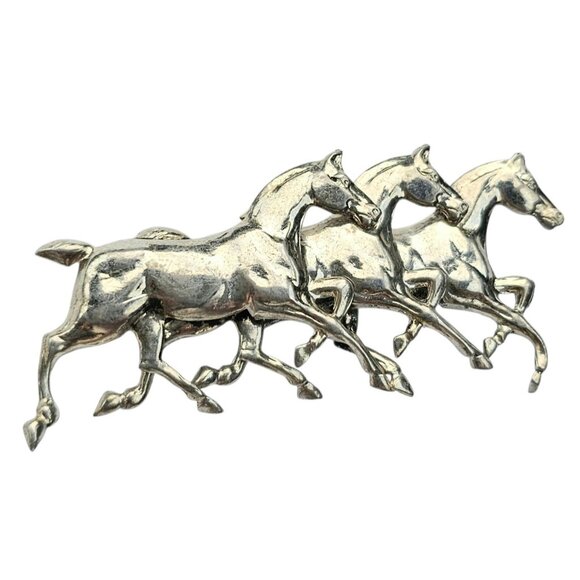 Sterling Silver Horses Brooch, Trio Stallions Pin - Picture 3 of 8